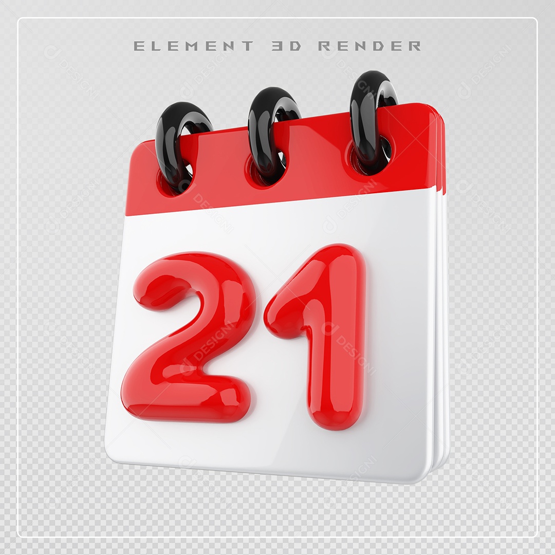 Calendário Dia 21 Elemento 3D Vermelho e Branco Para Composição PSD