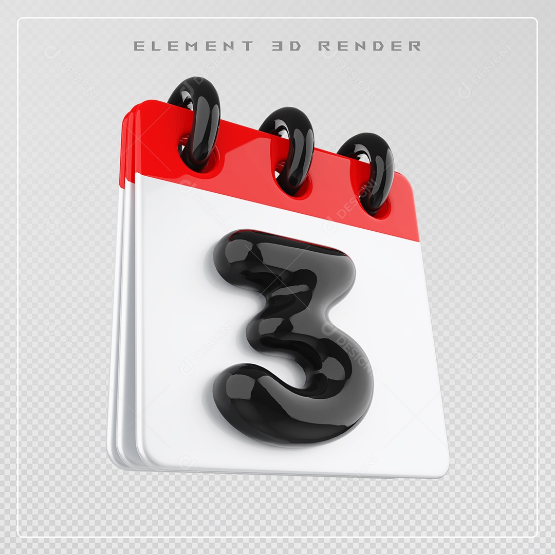 Calendário Dia 3 Elemento 3D Vermelho e Branco Para Composição PSD