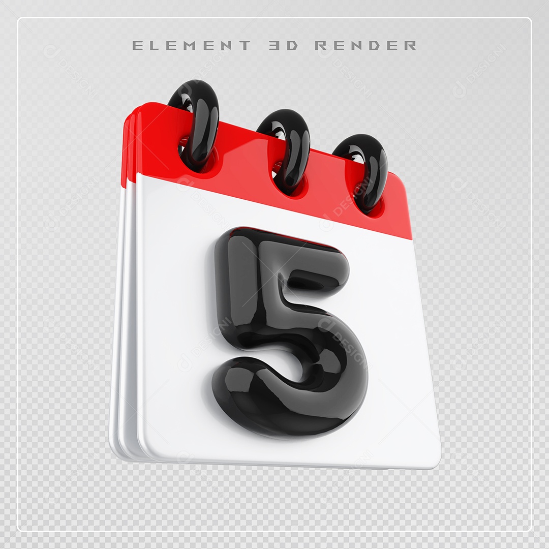 Calendário Dia 5 Elemento 3D Vermelho e Branco Para Composição PSD
