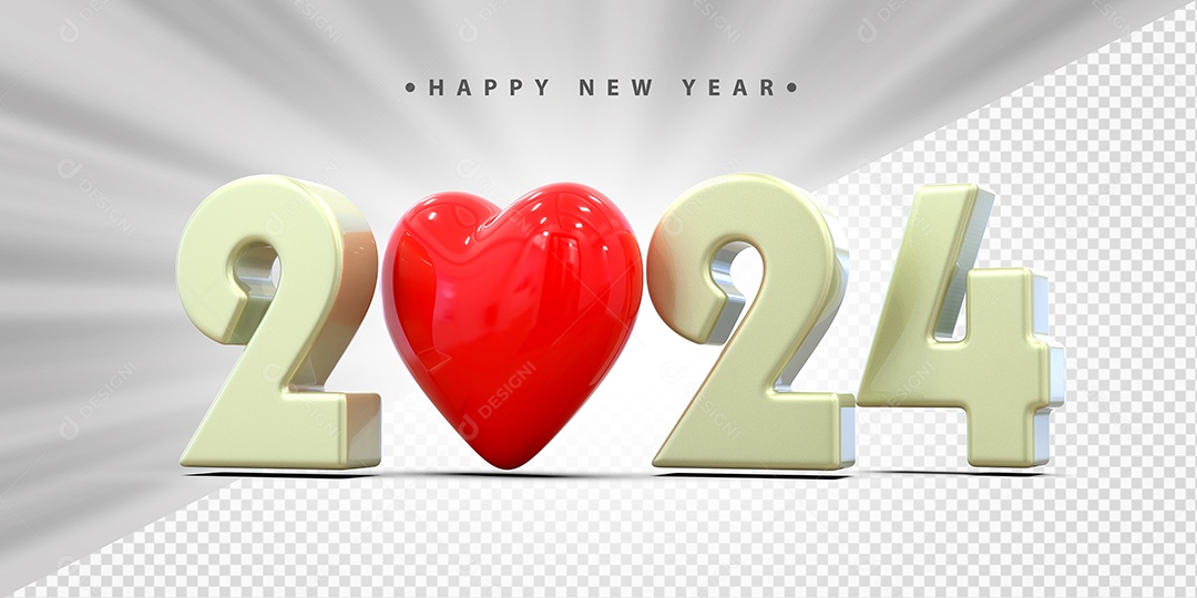 Feliz Ano Novo 2024 Amarelo Com Coração Social Media PSD Editável