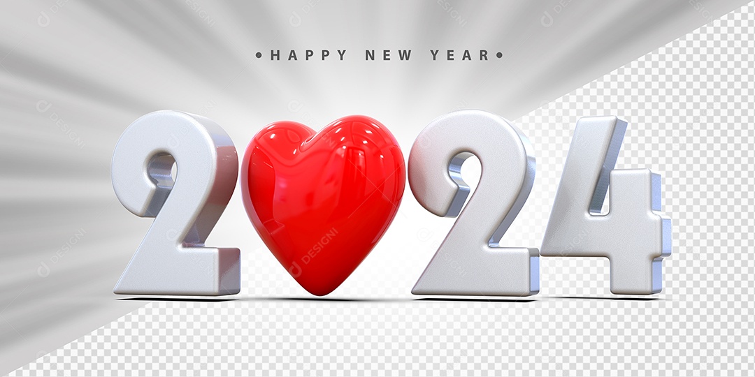 Feliz Ano Novo 2024 Branco Com Coração Social Media PSD Editável