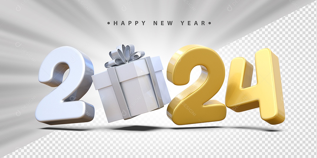 Feliz Ano Novo 2024 Branco e Amarelo Social Media PSD Editável