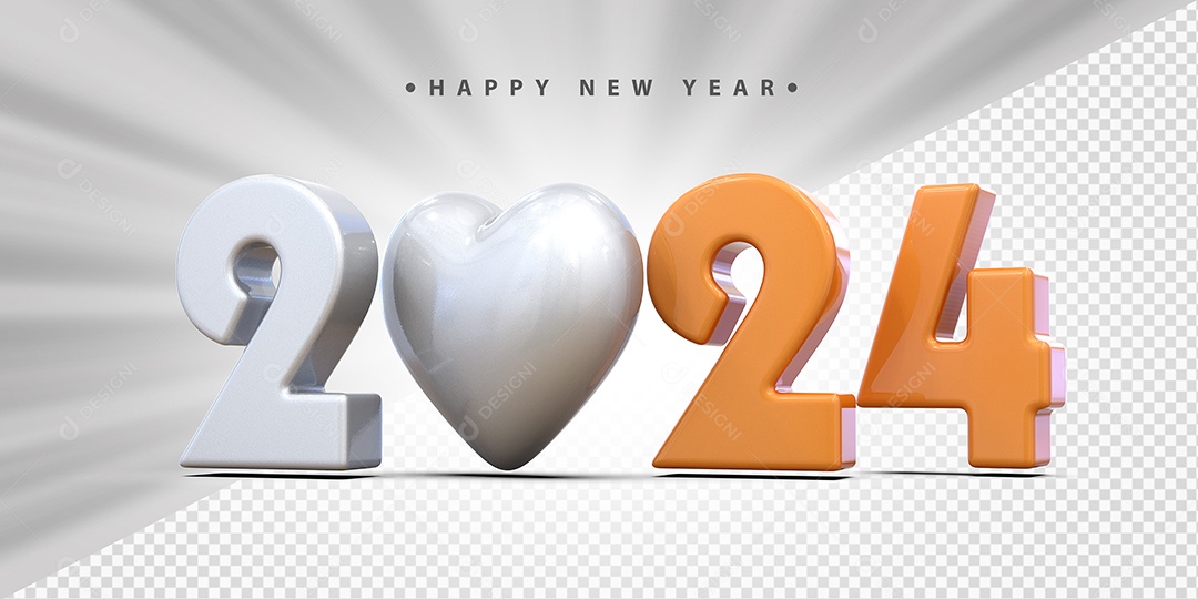 Feliz Ano Novo 2024 Branco e Laranjado Com Coração Social Media PSD Editável