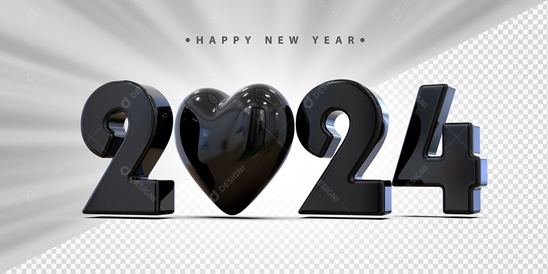 Feliz Ano Novo 2024 Preto Com Coração Social Media PSD Editável