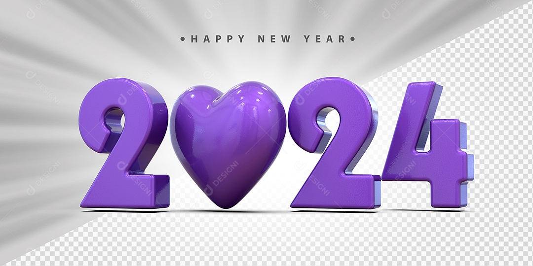 Feliz Ano Novo 2024 Roxo Com Coração Social Media PSD Editável