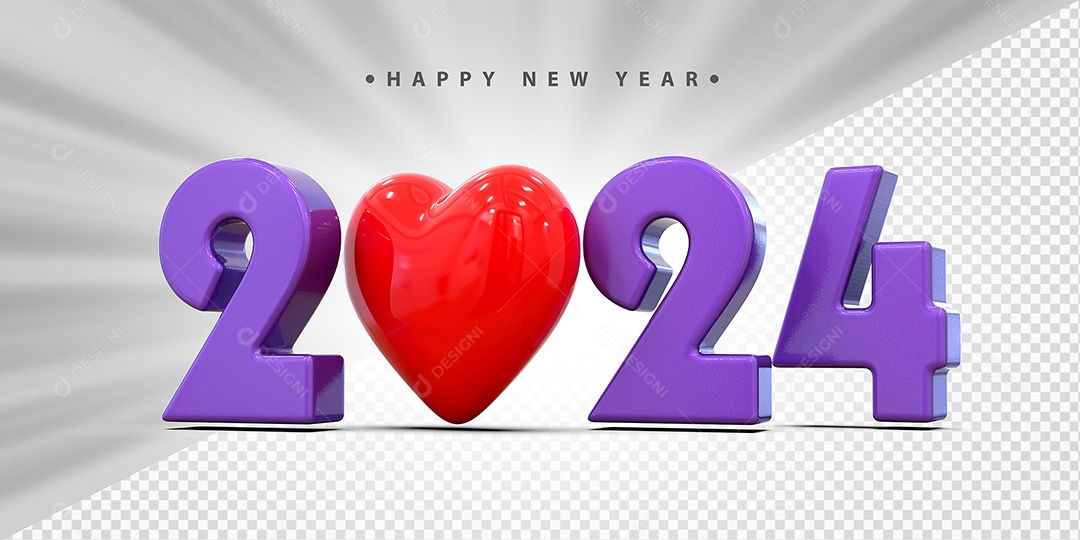 Feliz Ano Novo 2024 Roxo Com Coração Social Media PSD Editável