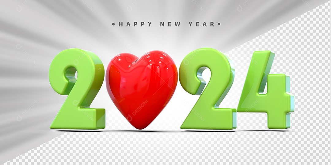 Feliz Ano Novo 2024 Verde Com Coração Social Media PSD Editável