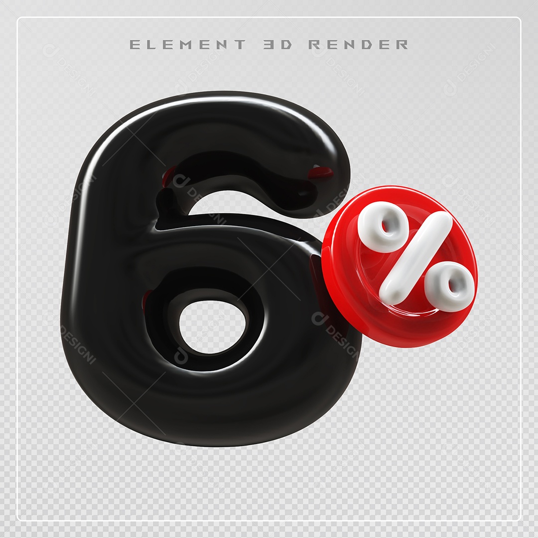 Elemento 3D Número 6% Desconto Preto para Composição PSD