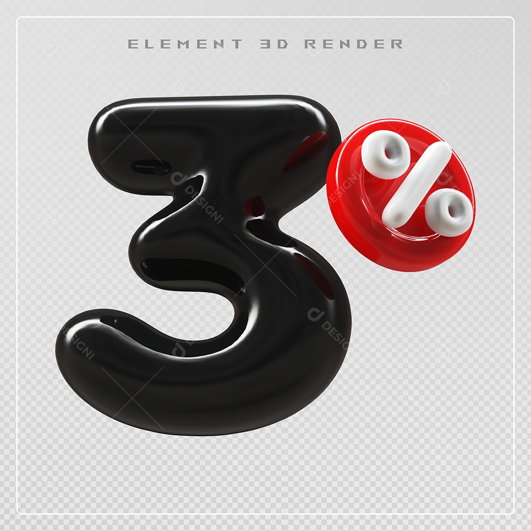 Elemento 3D Número 3% Desconto Preto para Composição PSD