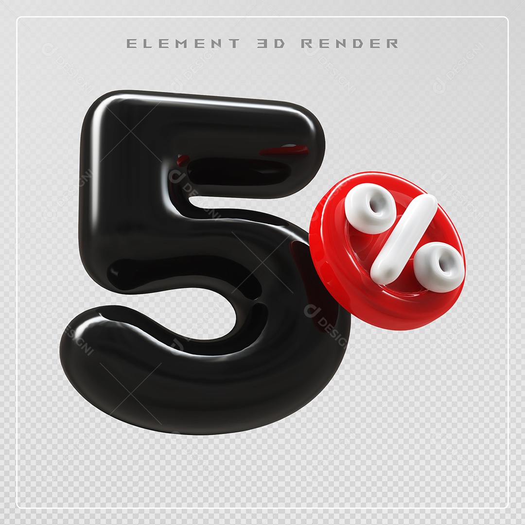 Elemento 3D Número 5% Desconto Preto para Composição PSD