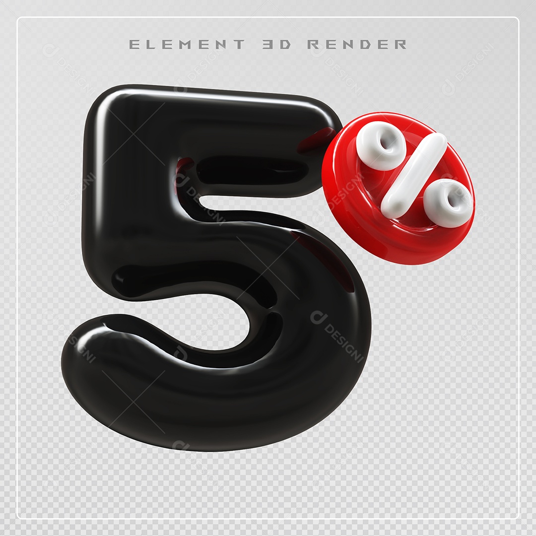Elemento 3D Número 5% Desconto Preto para Composição PSD