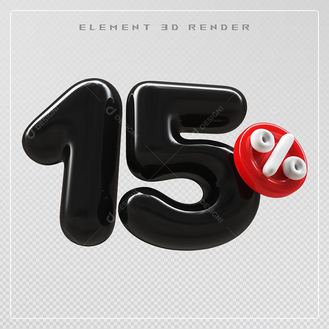 Elemento 3D Número 15% Desconto Preto para Composição PSD