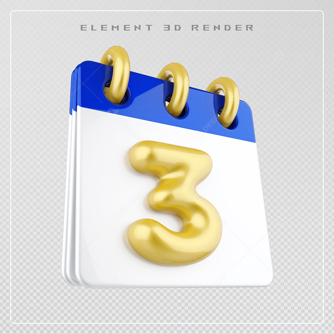 Calendário Dia 3 Elemento 3D Azul e Branco Para Composição PSD