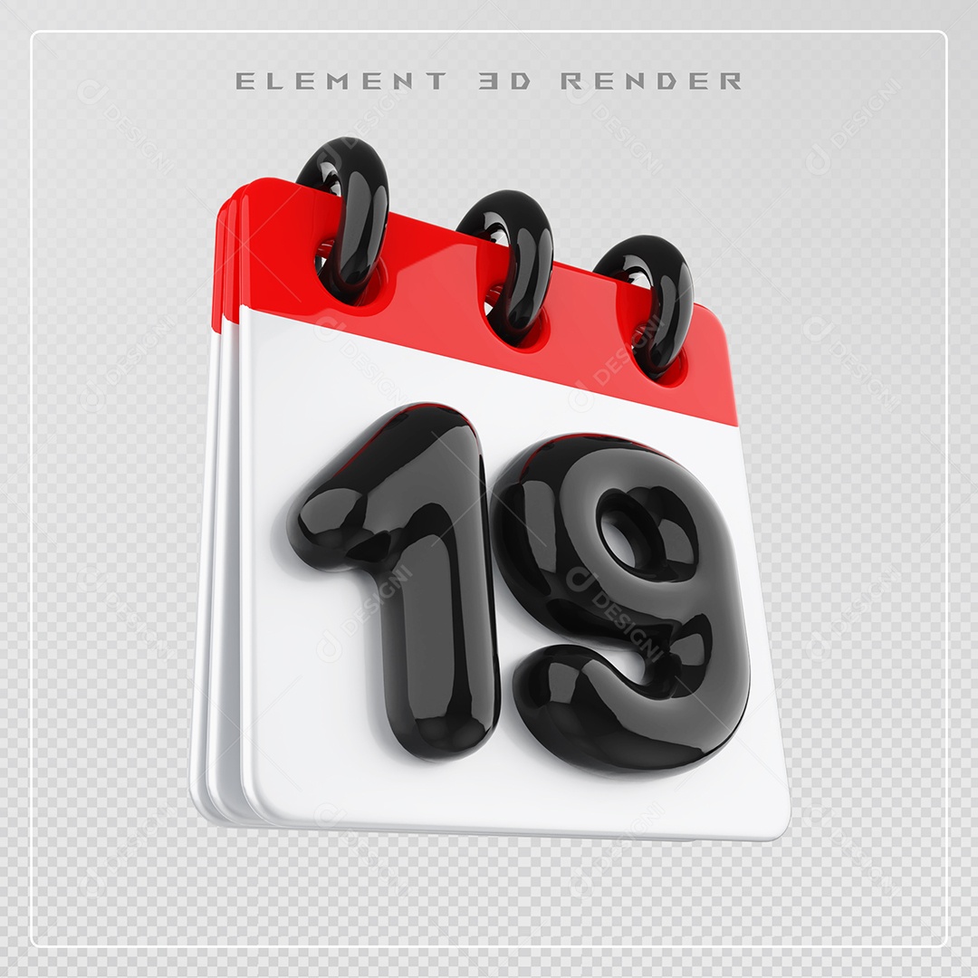 Calendário Dia 19 Elemento 3D Vermelho e Branco Para Composição PSD