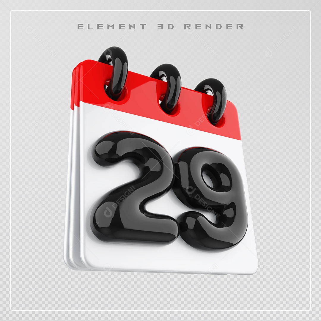 Calendário Dia 29 Elemento 3D Vermelho e Branco Para Composição PSD