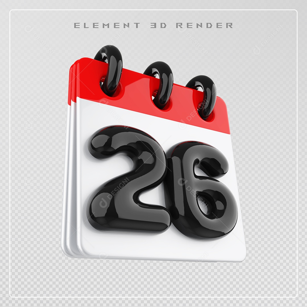 Calendário Dia 26 Elemento 3D Vermelho e Branco Para Composição PSD