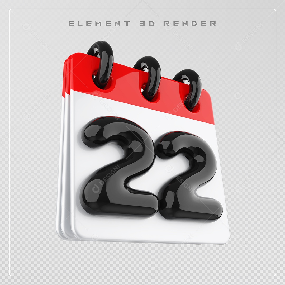 Calendário Dia 22 Elemento 3D Vermelho e Branco Para Composição PSD