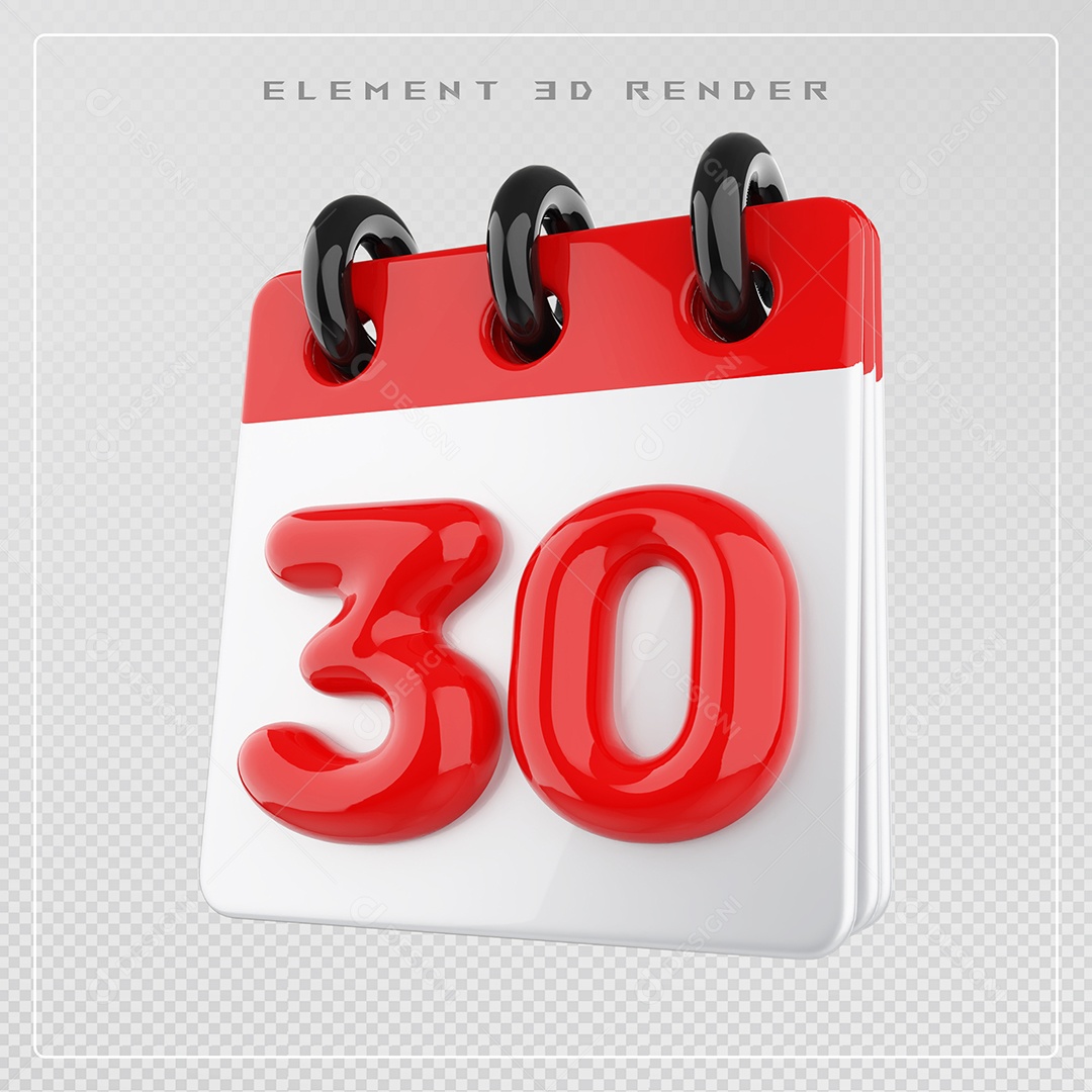 Calendário Dia 30 Elemento 3D Vermelho e Branco Para Composição PSD