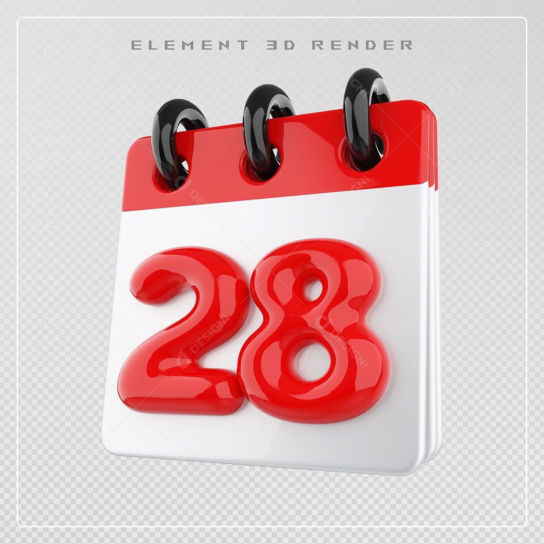 Calendário Dia 28 Elemento 3D Vermelho e Branco Para Composição PSD