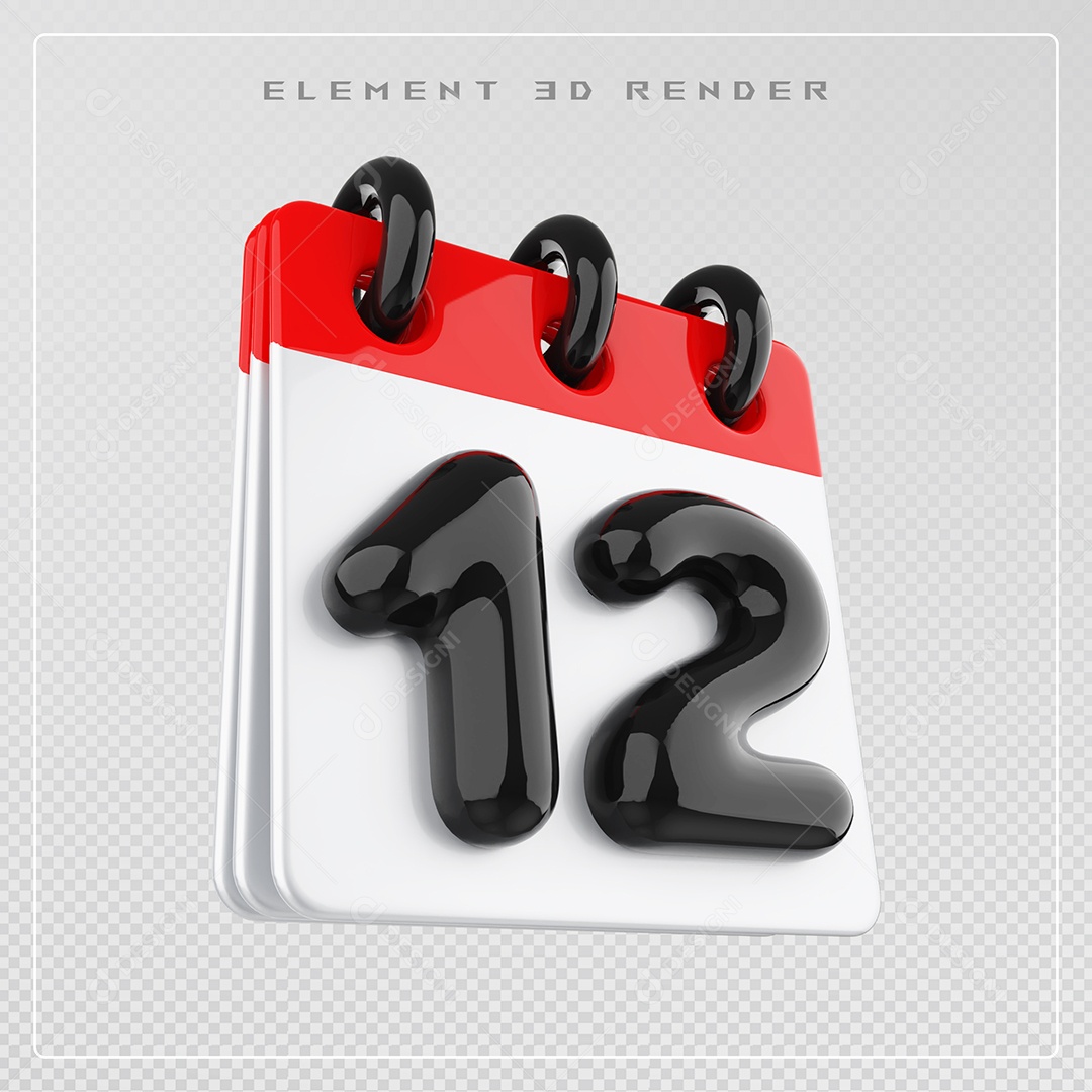 Calendário Dia 12 Elemento 3D Vermelho e Branco Para Composição PSD