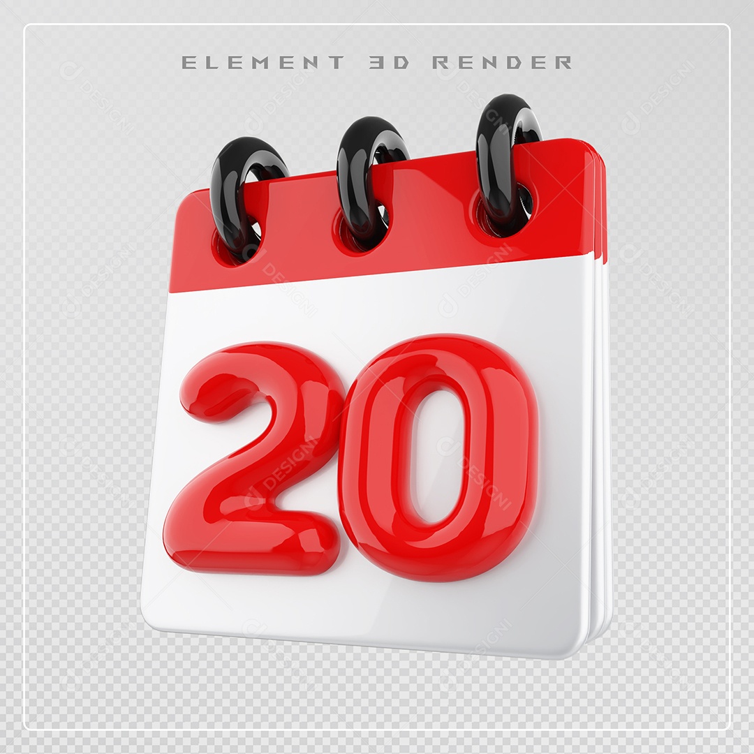 Calendário Dia 20 Elemento 3D Vermelho e Branco Para Composição PSD