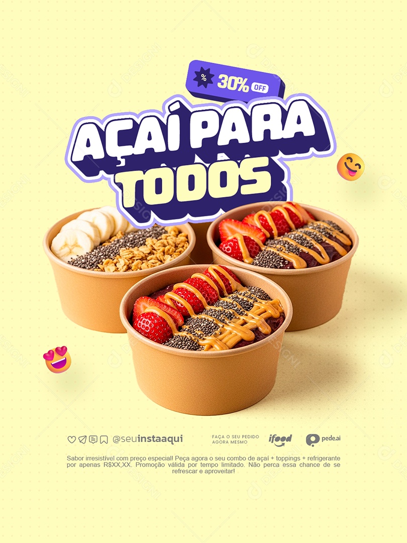 Açaiteria Açaí para Todos 30% Off Social Media PSD Editável