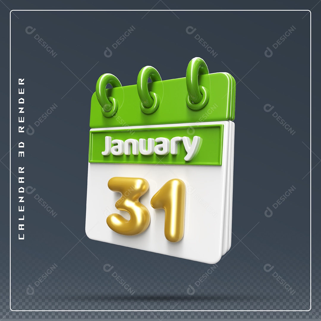 Calendário  Do mês Janeiro Dia 31 Elemento 3D Verde e Branco Para Composição PSD