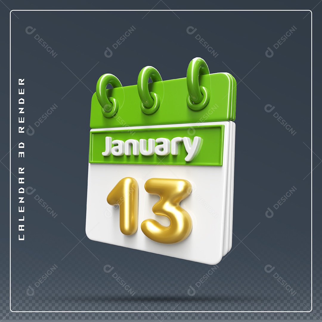 Calendário  Do mês Janeiro Dia 13 Elemento 3D Verde e Branco Para Composição PSD