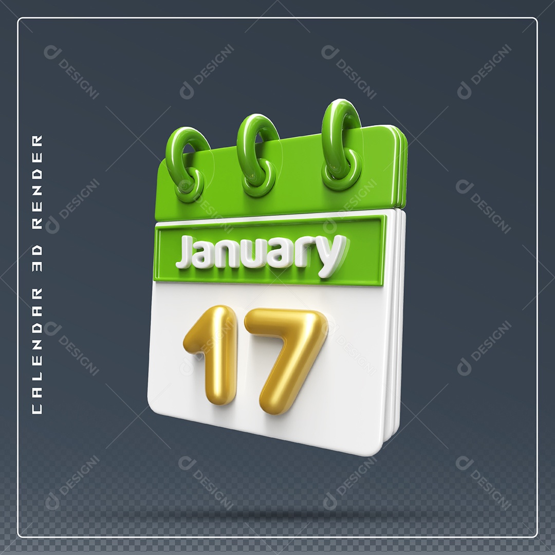 Calendário  Do mês Janeiro Dia 17 Elemento 3D Verde e Branco Para Composição PSD