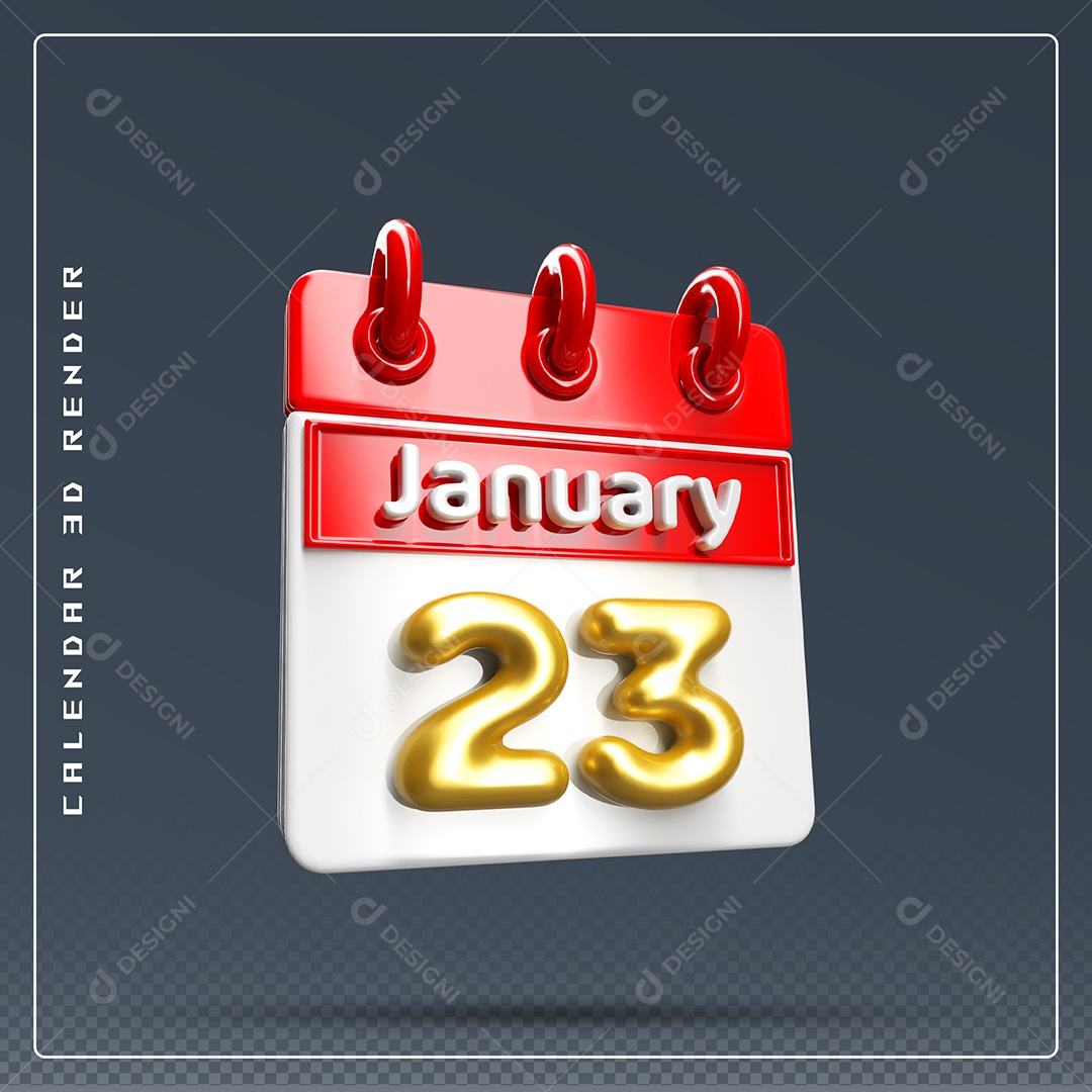 Calendário  Do mês Janeiro Dia 23 Elemento 3D Vermelho e Branco Para Composição PSD