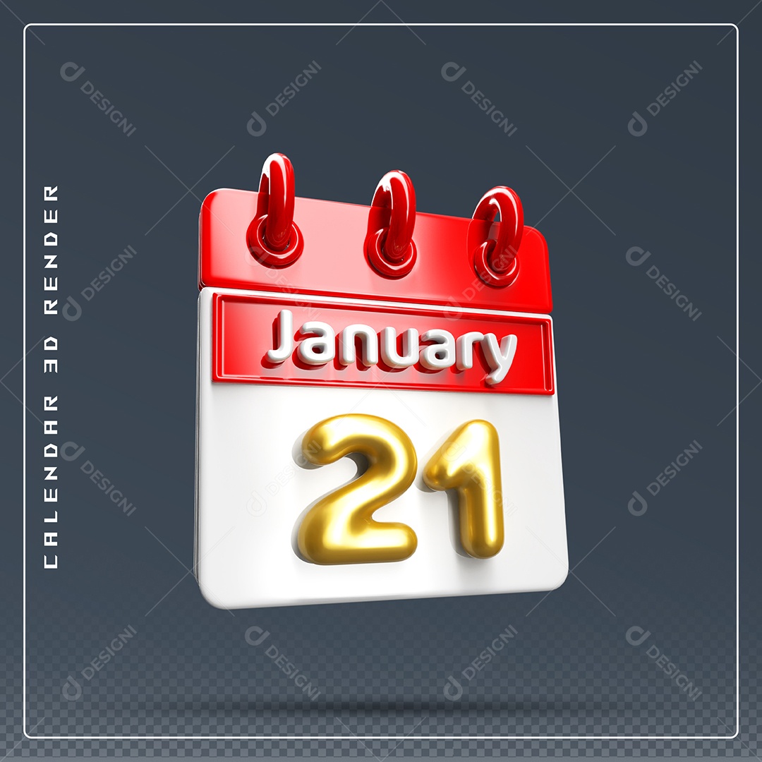Calendário  Do mês Janeiro Dia 21 Elemento 3D Vermelho e Branco Para Composição PSD