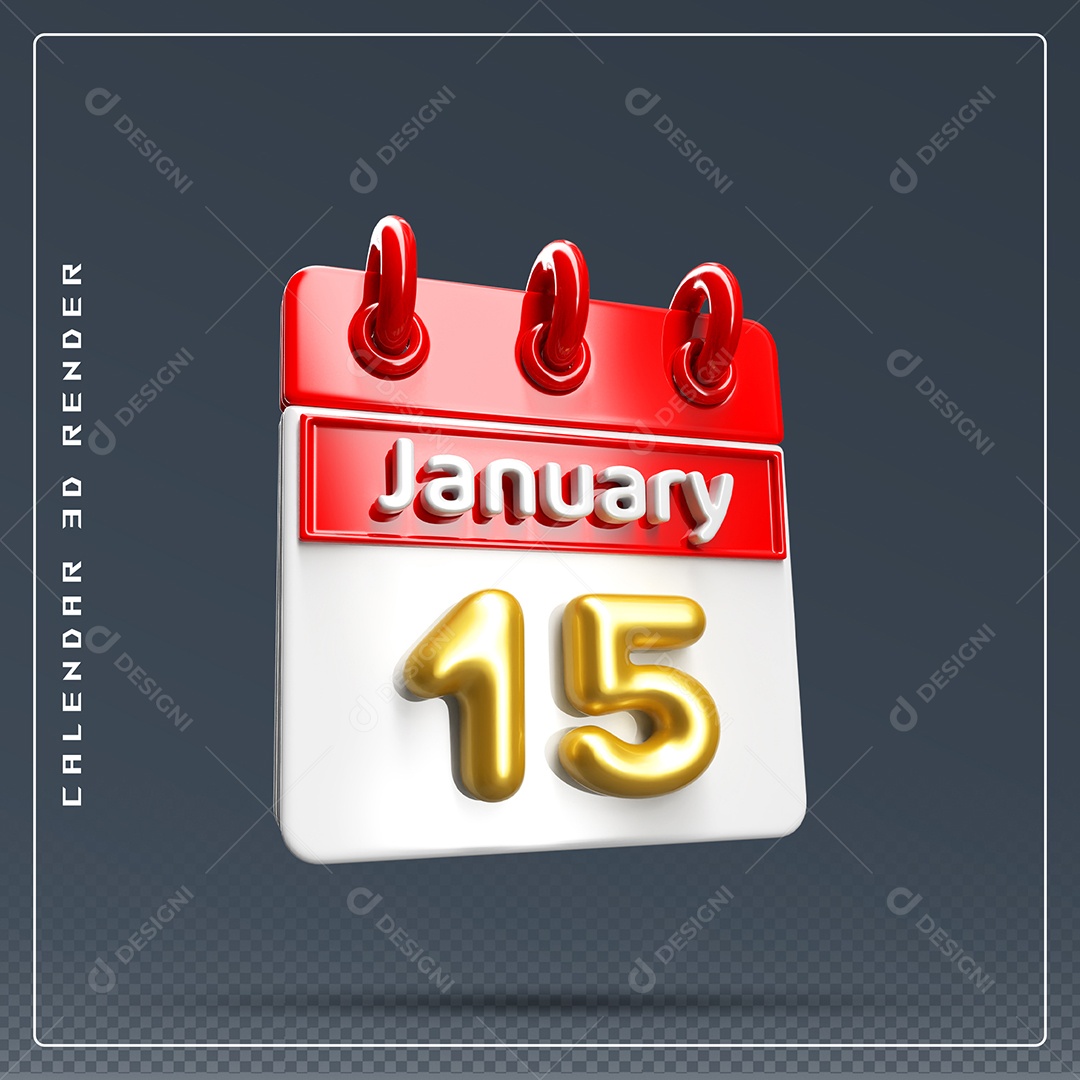 Calendário  Do mês Janeiro Dia 15 Elemento 3D Vermelho e Branco Para Composição PSD