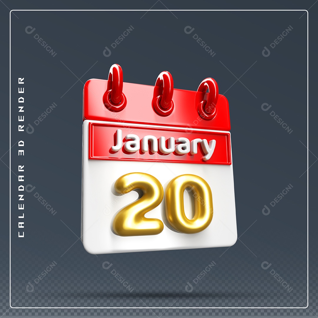 Calendário  Do mês Janeiro Dia 20 Elemento 3D Vermelho e Branco Para Composição PSD