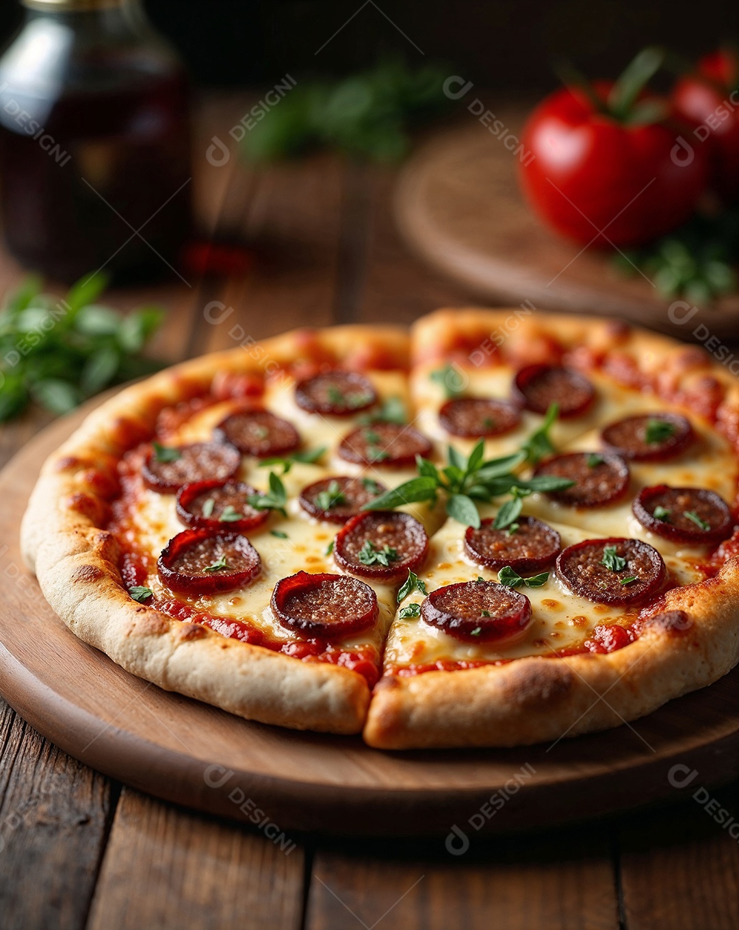 Imagem mostra uma pizza de calabresa