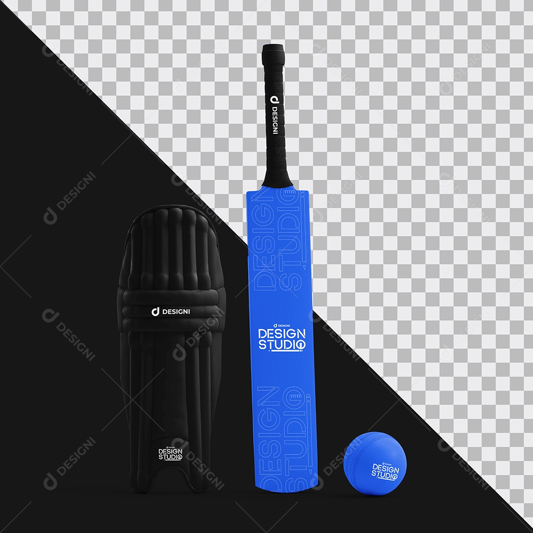 Mockup Material Esportivo para Criquete Taco Bola e Caneleira PSD Editável