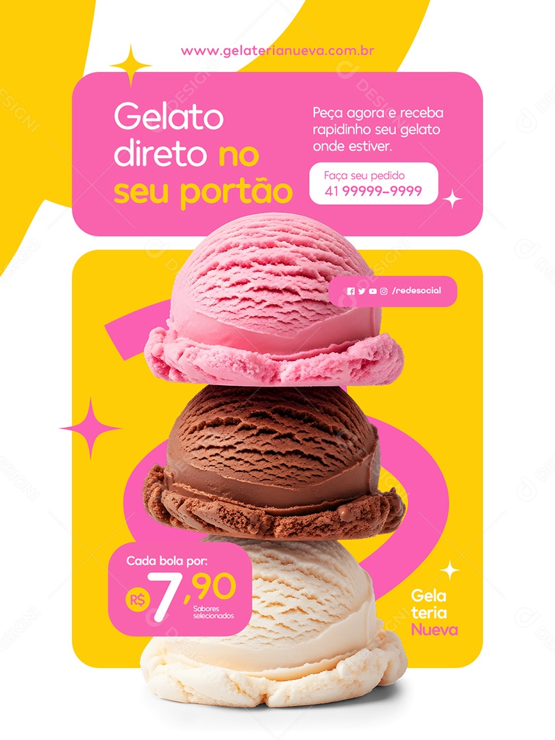 Gelateria Gelato Direto no seu Portão Social Media PSD Editável