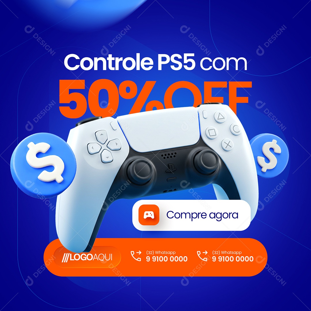 Loja de Games Controle PS5 com 50% Off Social Media PSD Editável