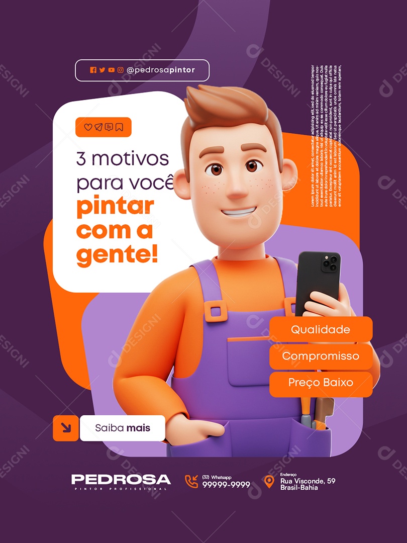 Pintor Três Motivos para Você Pintar com a Gente Social Media PSD Editável