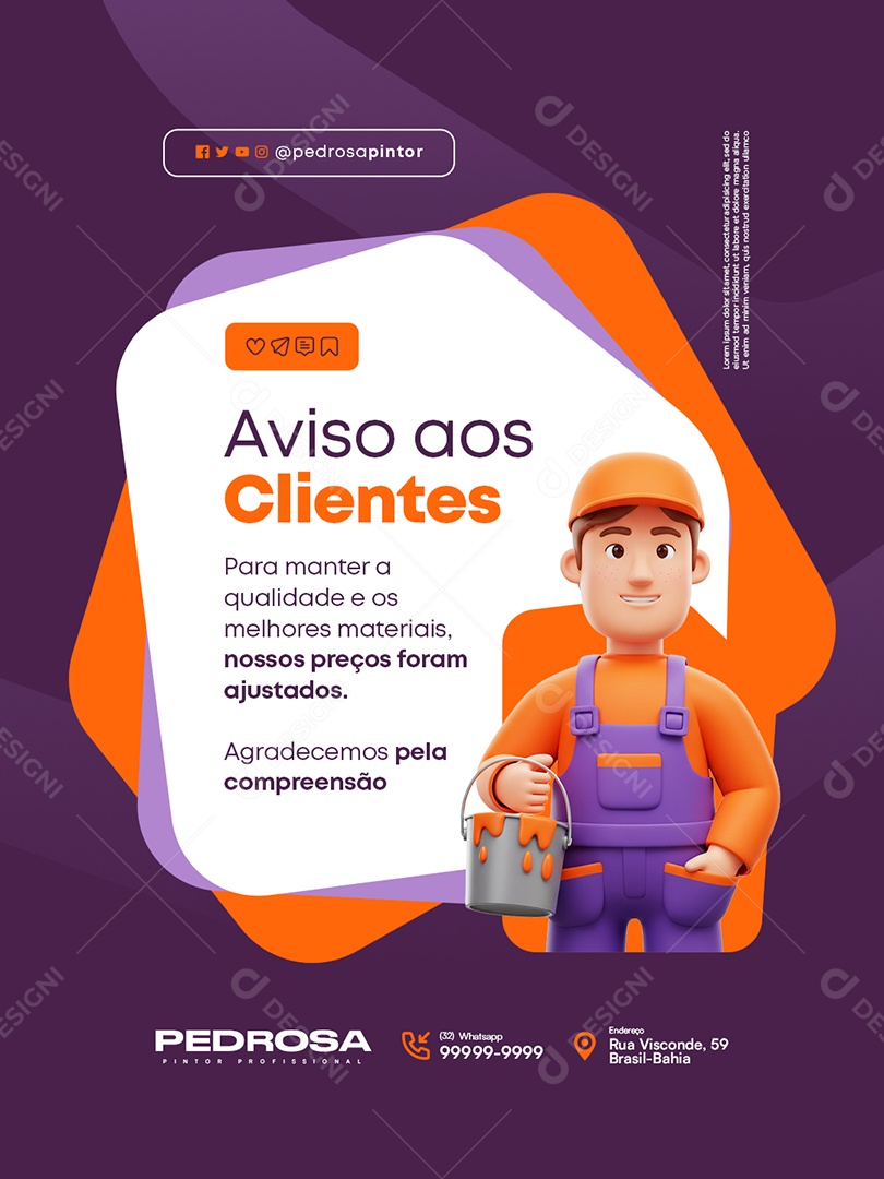 Pintor Aviso aos Clientes Social Media PSD Editável