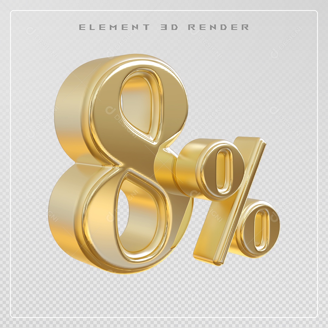 Elemento 3D Número 8% Desconto Dourado para Composição PSD