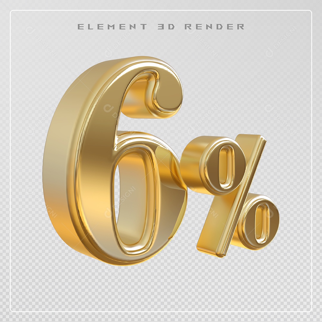 Elemento 3D Número 6% Desconto Dourado para Composição PSD