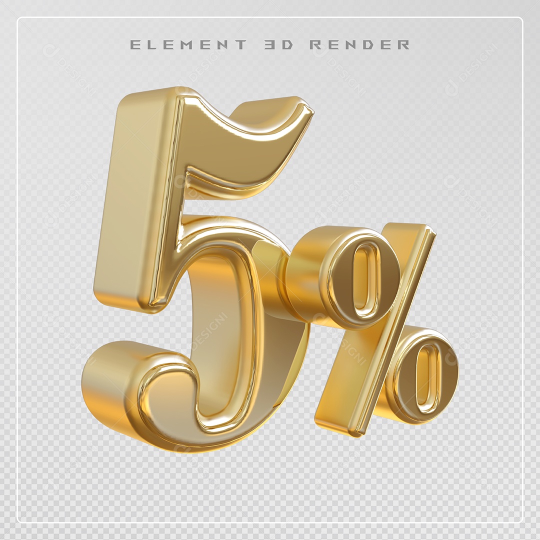 Elemento 3D Número 5% Desconto Dourado para Composição PSD