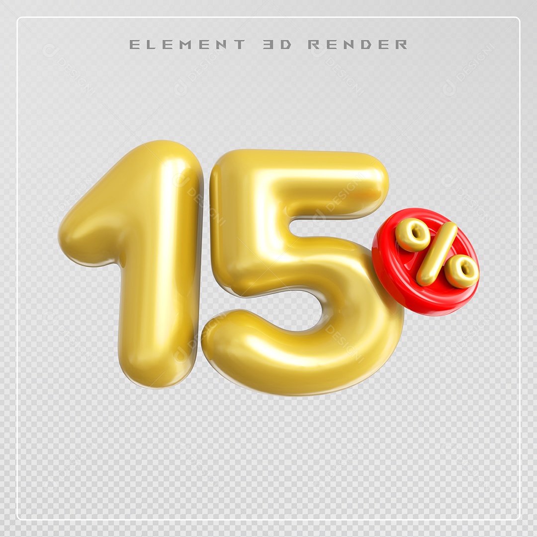 Elemento 3D Número 15% Desconto Dourado para Composição PSD