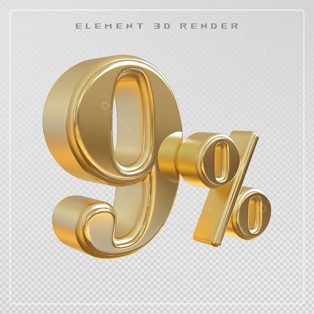Elemento 3D Número 9% Desconto Dourado para Composição PSD
