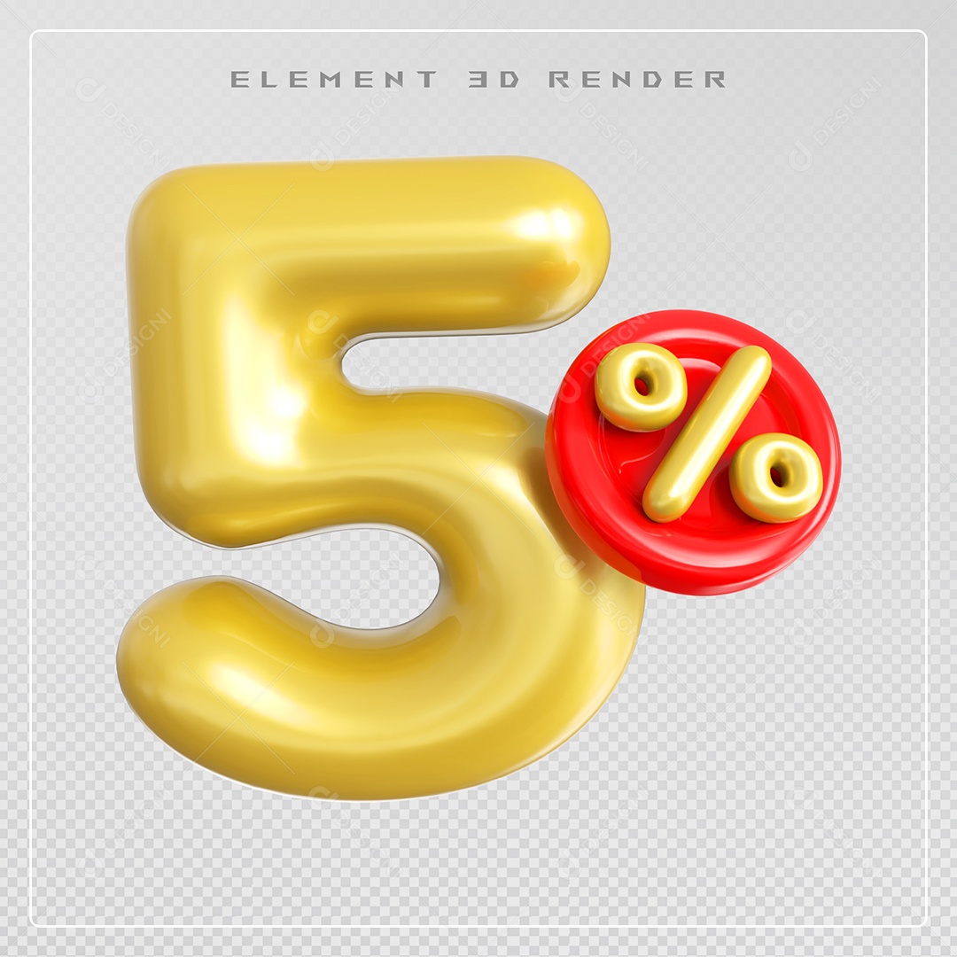 Elemento 3D Número 5% Desconto Dourado para Composição PSD