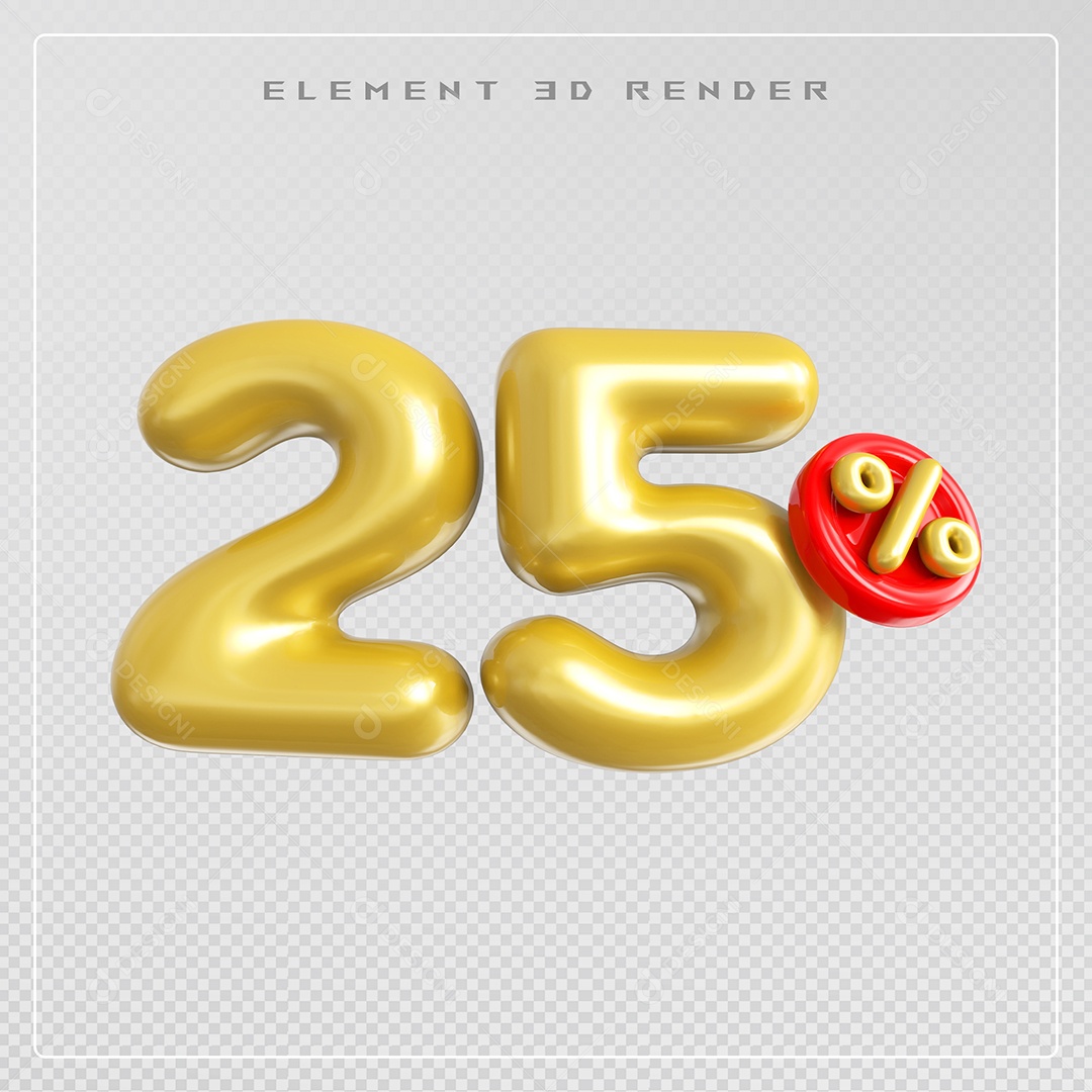 Elemento 3D Número 25% Desconto Dourado para Composição PSD