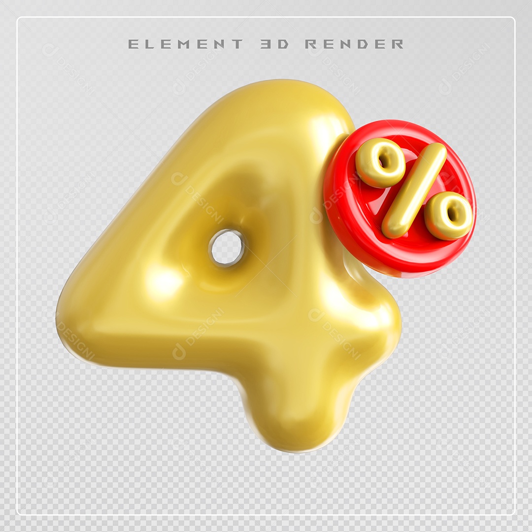 Elemento 3D Número 4% Desconto Dourado para Composição PSD