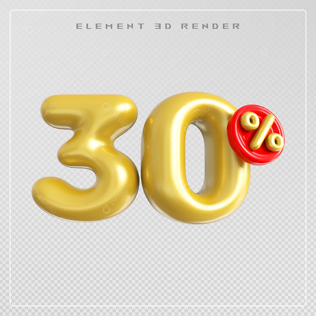 Elemento 3D Número 30% Desconto Dourado para Composição PSD