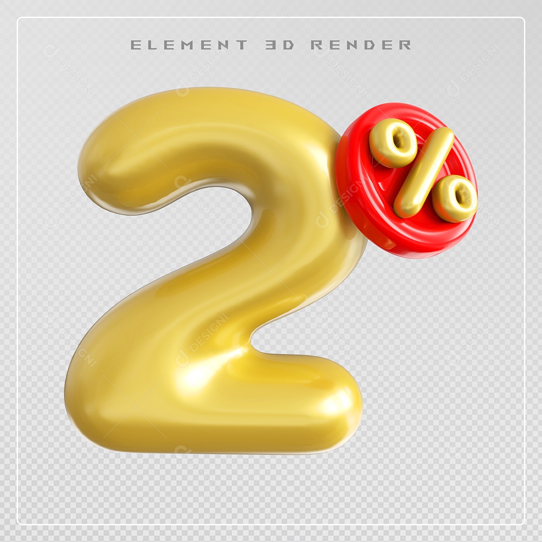 Elemento 3D Número 2% Desconto Dourado para Composição PSD