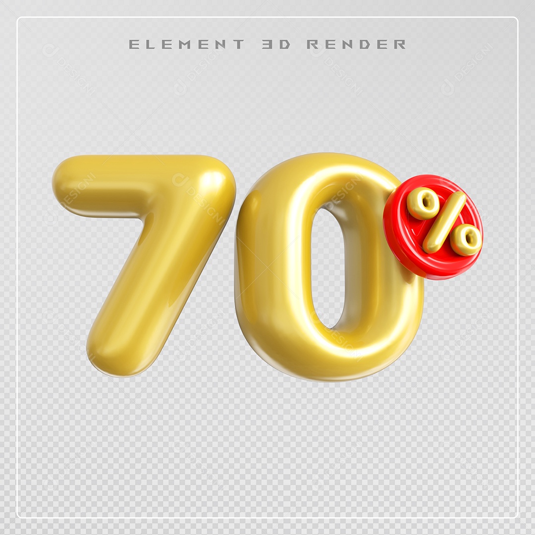 Elemento 3D Número 70% Desconto Dourado para Composição PSD
